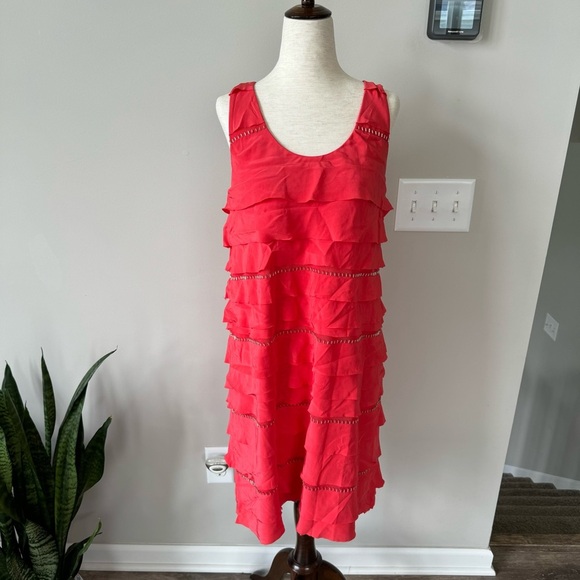 BCBGMAXAZRIA Silk Racerback CORAL PASSION BEADED TIERED DRESS BID6K238 - Picture 11 of 11